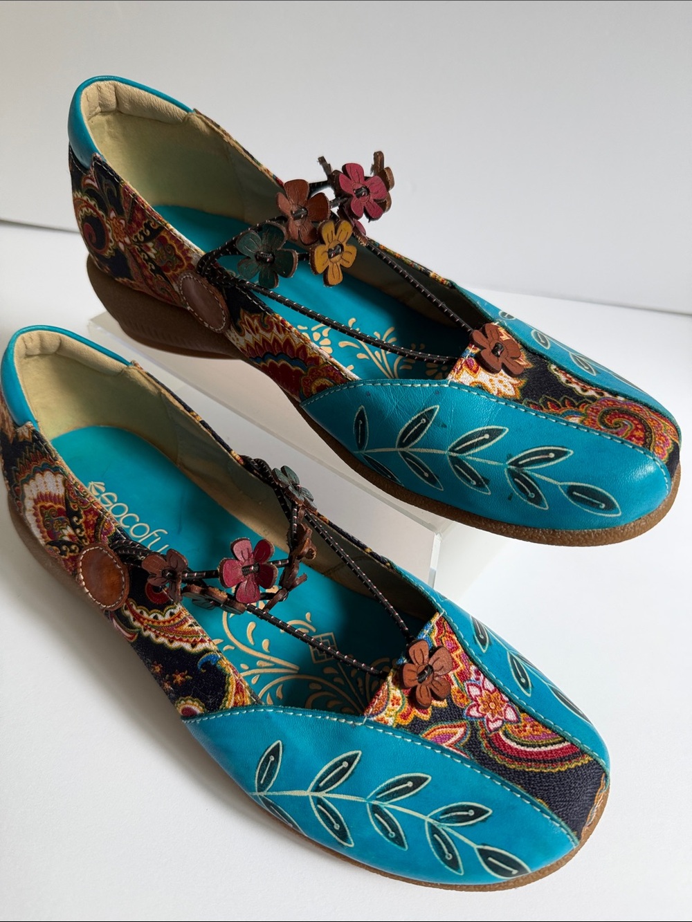 RARE Socofy Turquoise Paisley Floral Leather-Trim Slip-On Flats 10 or 10.5